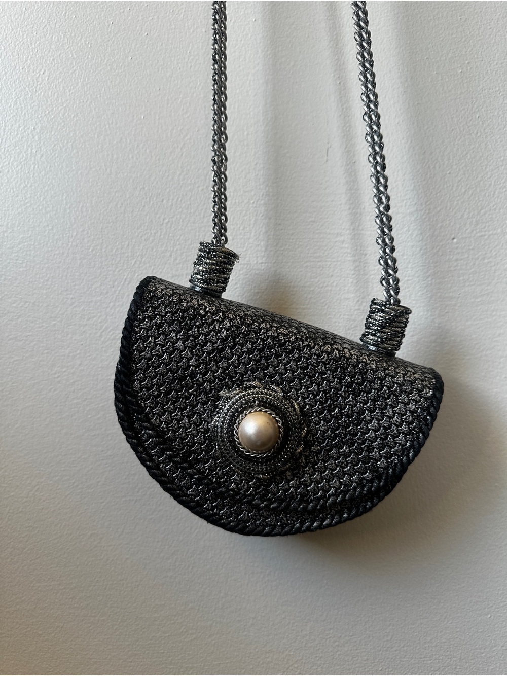 Vintage Black Woven Half-Moon Crossbody with Decorative Button